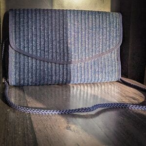 60s straw raffia flat shoulder bag mid century navy blue purse made in Italy